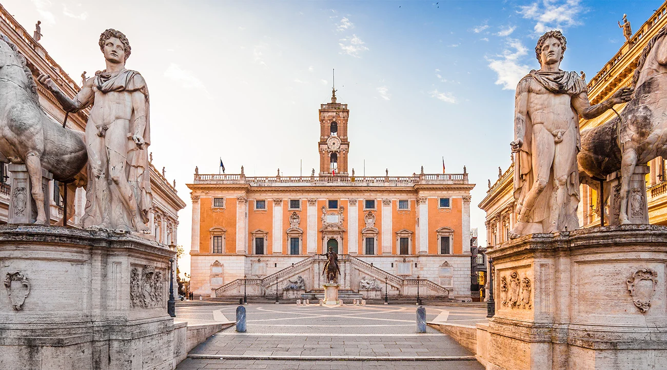Piazza del Campidoglio at sunset, with the equestrian statue of Marcus Aurelius