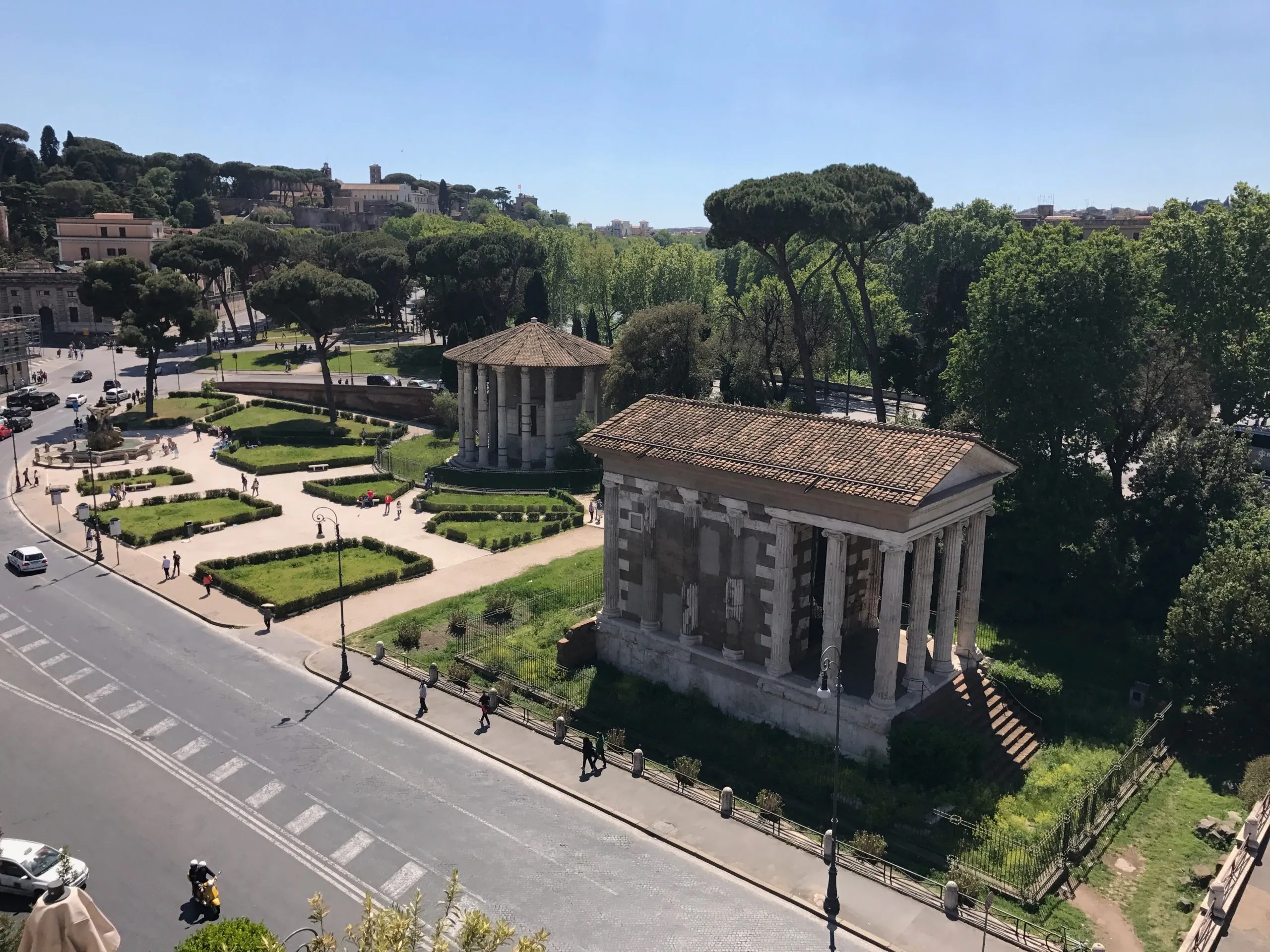 The two temples of the Forum Boarium with the church of Santa Maria in Cosmedin in the background