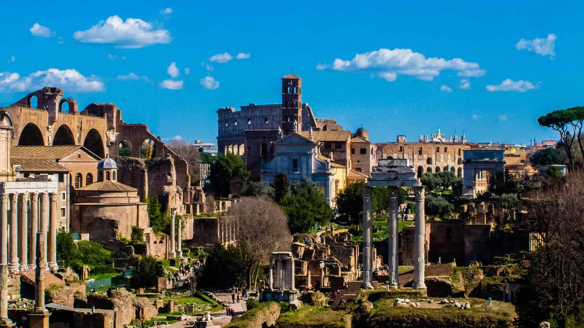 Via dei Fori Imperiali looking towards the Colosseum, with the Forum of Augustus on the left